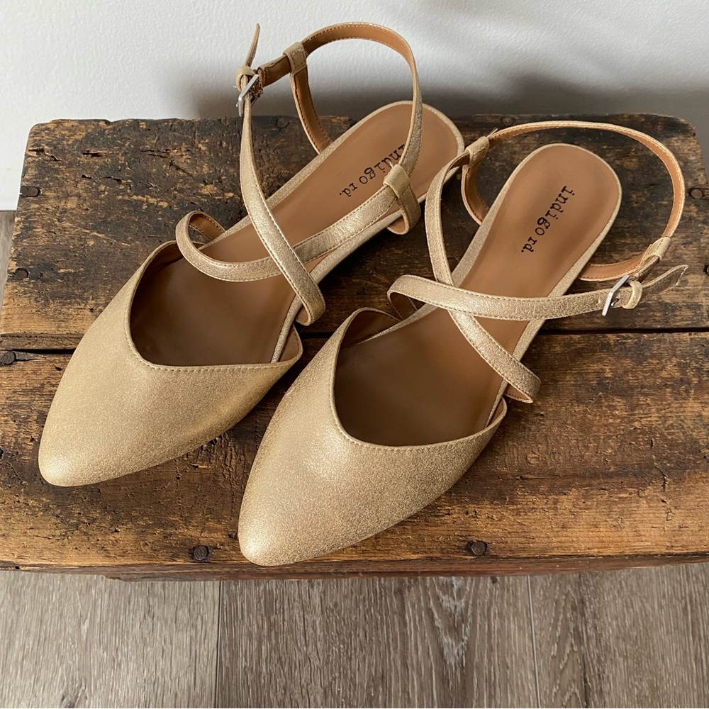Elegant Gold Flats with Pointed Toe and Ankle Strap